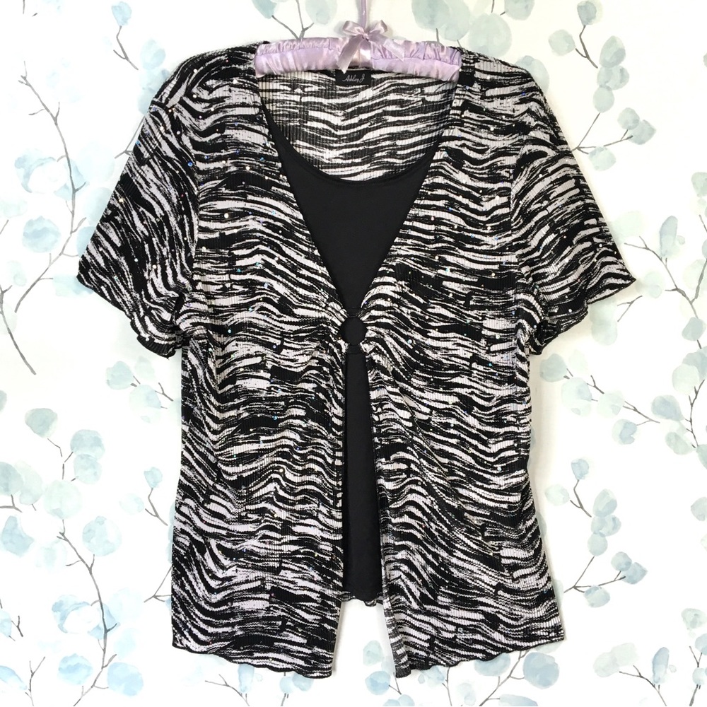 Ashley J Womens Short Sleeve Blouse Black & White Sparkle Pattern Layered Top